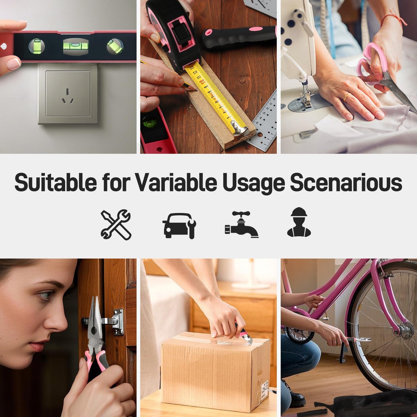 COMOWARE 218 Pcs Pink Home Tool Kit, Basic Household Hand Tool Set with Bag, Ladies Hand Tool Kit Women Home Repairing Tool Kit for Home Maintenance Daily Use Homework DIY