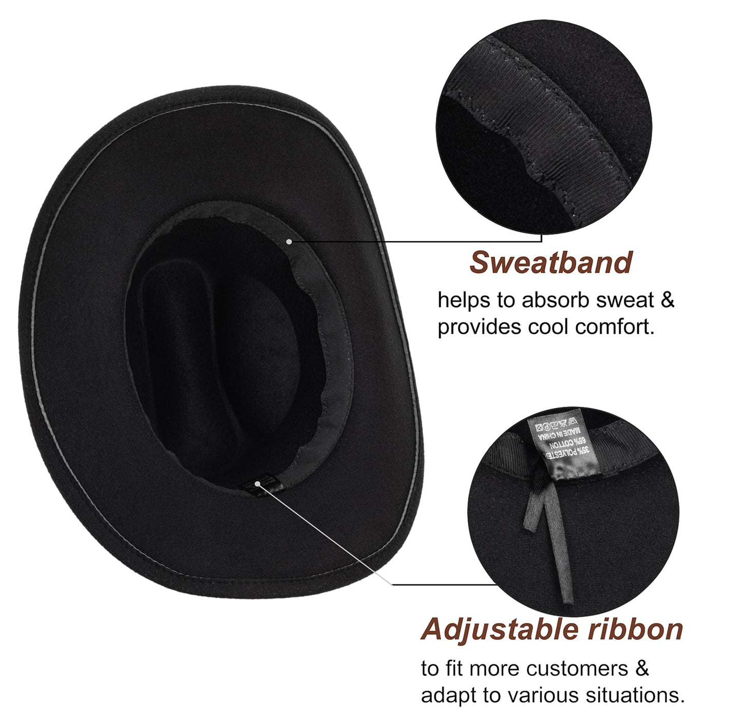 Classic Felt-Western-Cowboy-Cowgirl-Hats for Women-Men Fedora-Jazz-Hat with Belt Black(Lagre)