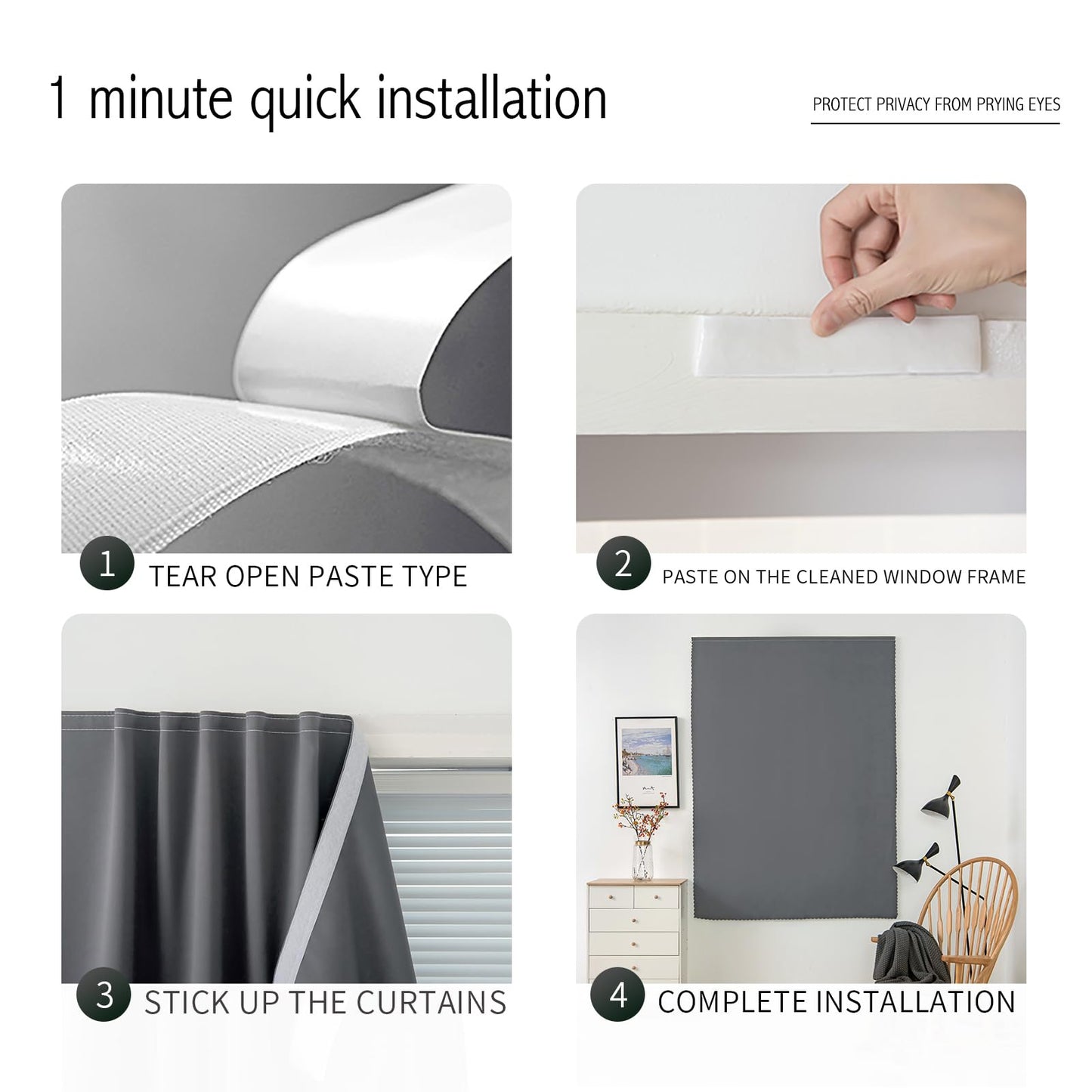 Sovtfides Blackout Curtains with Self Adhesive Tape No Rod No Drill Easy Install Window Cover for Bedroom Kitchen Dorm 34" W X 59" L Grey 1 Panel