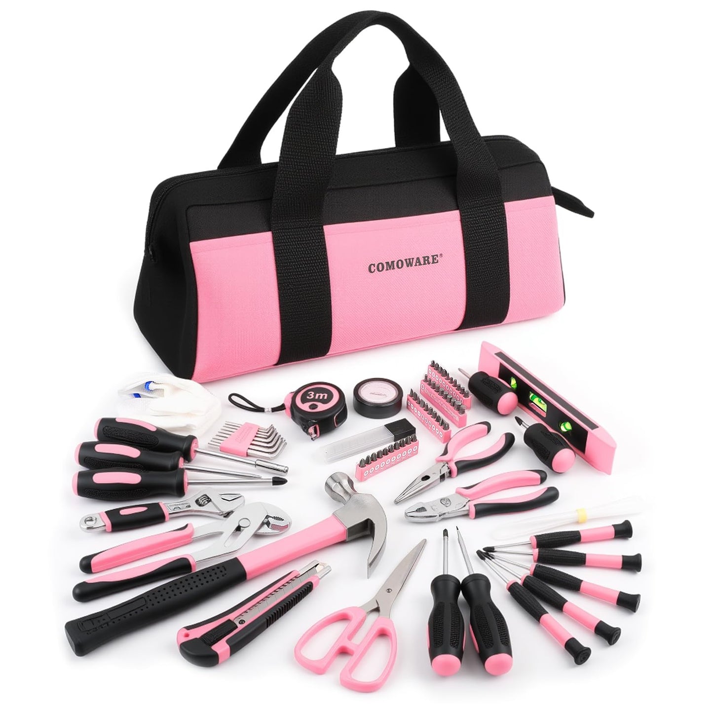 COMOWARE 218 Pcs Pink Home Tool Kit, Basic Household Hand Tool Set with Bag, Ladies Hand Tool Kit Women Home Repairing Tool Kit for Home Maintenance Daily Use Homework DIY