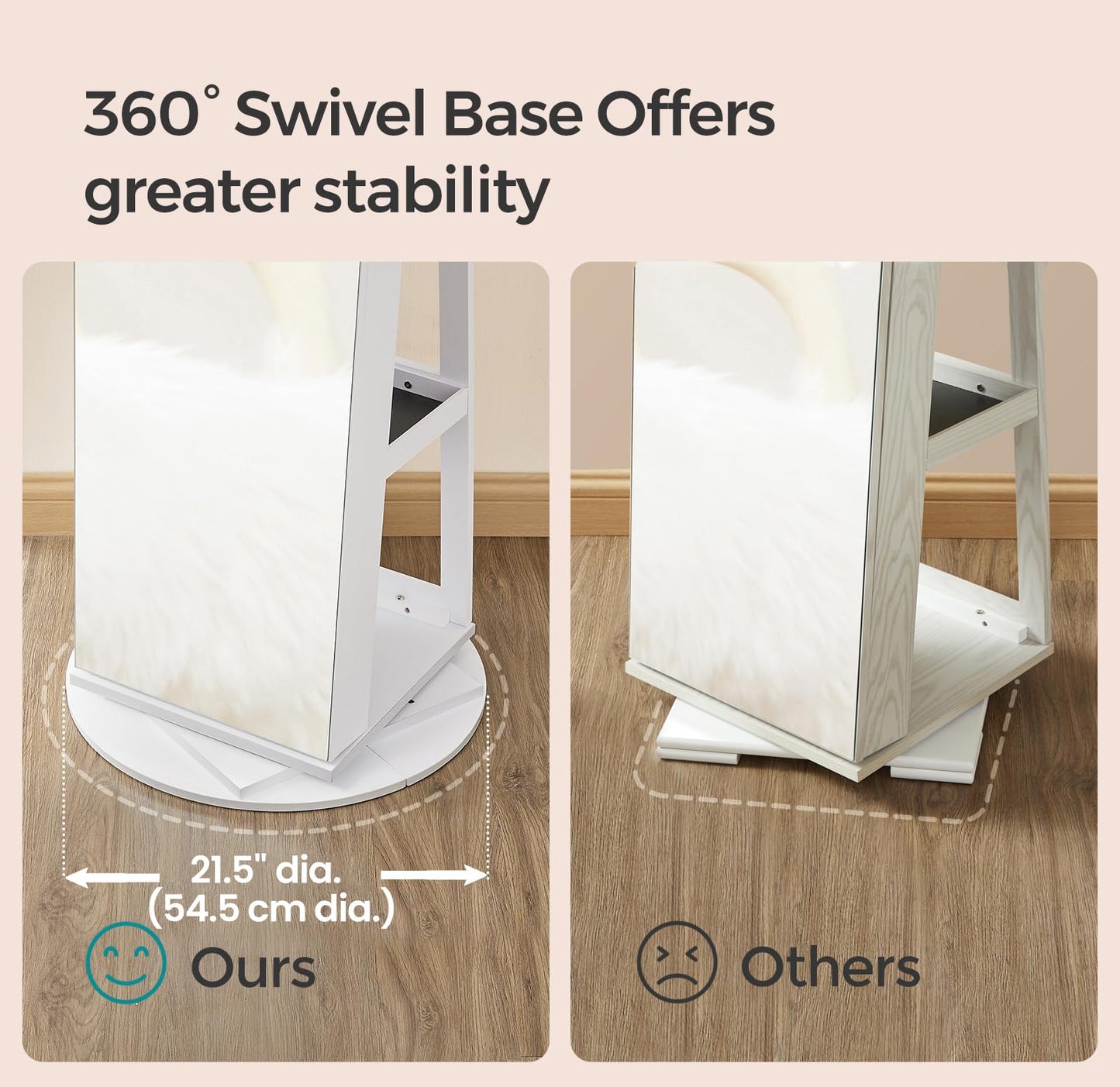 SONGMICS 6 LEDs Lockable Mirror Jewelry Cabinet, 360° Swivel Jewelry Organizer, Standing Jewelry Armoire, Frameless Full-Length Mirror, 3 Storage Shelves, White Surface, Black Lining UJJC007W01