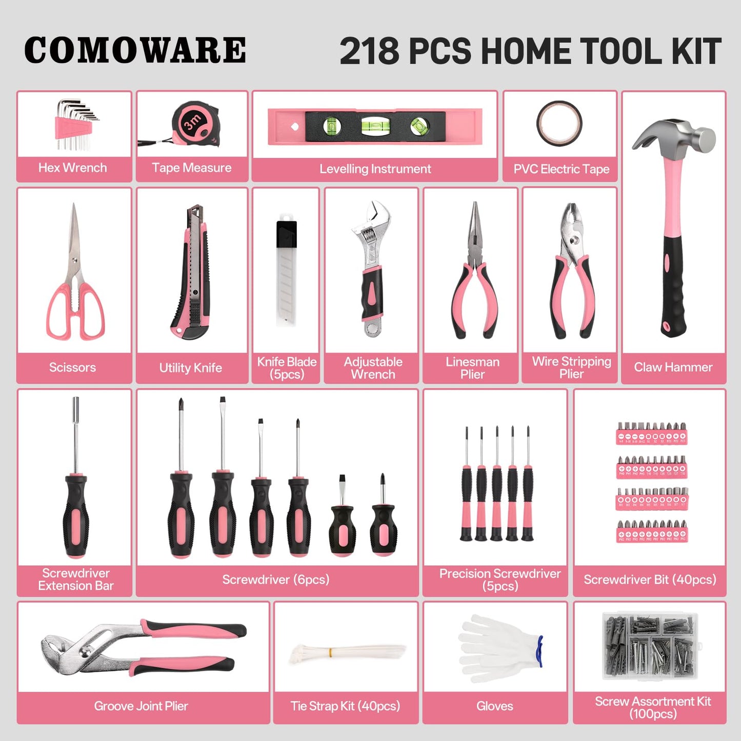 COMOWARE 218 Pcs Pink Home Tool Kit, Basic Household Hand Tool Set with Bag, Ladies Hand Tool Kit Women Home Repairing Tool Kit for Home Maintenance Daily Use Homework DIY