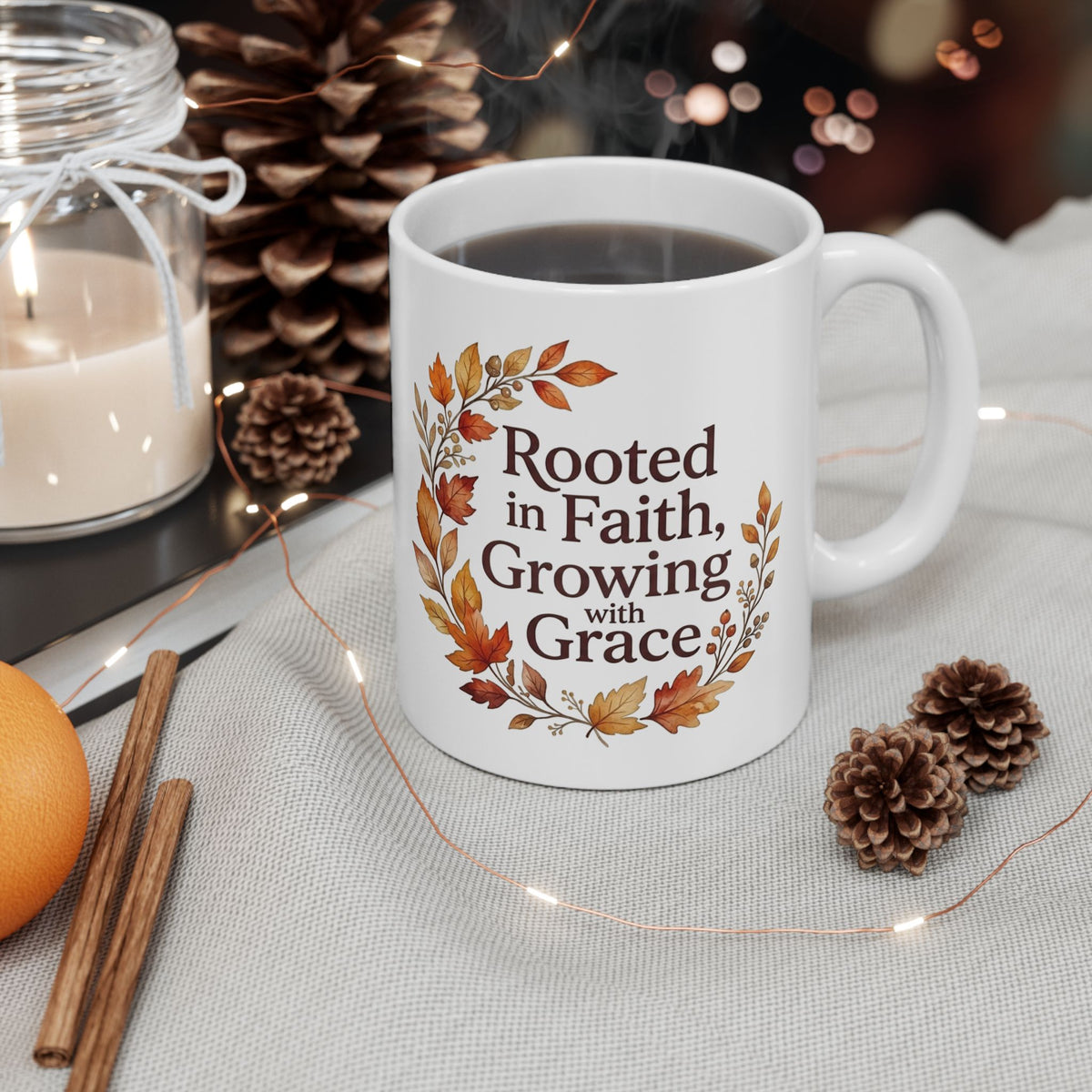 Autumn Blessings Ceramic Mug — "Rooted in Faith Growing with Grace" Fall Floral Coffee Cup (11oz/15oz)