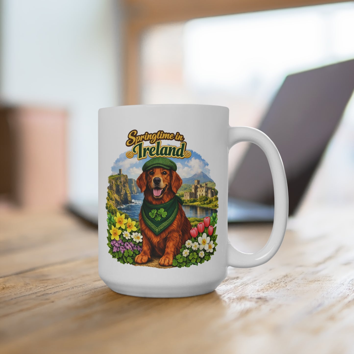 Springtime in Ireland Mug — Lucky Golden Retriever & Shamrock Scenic 15oz Coffee Cup