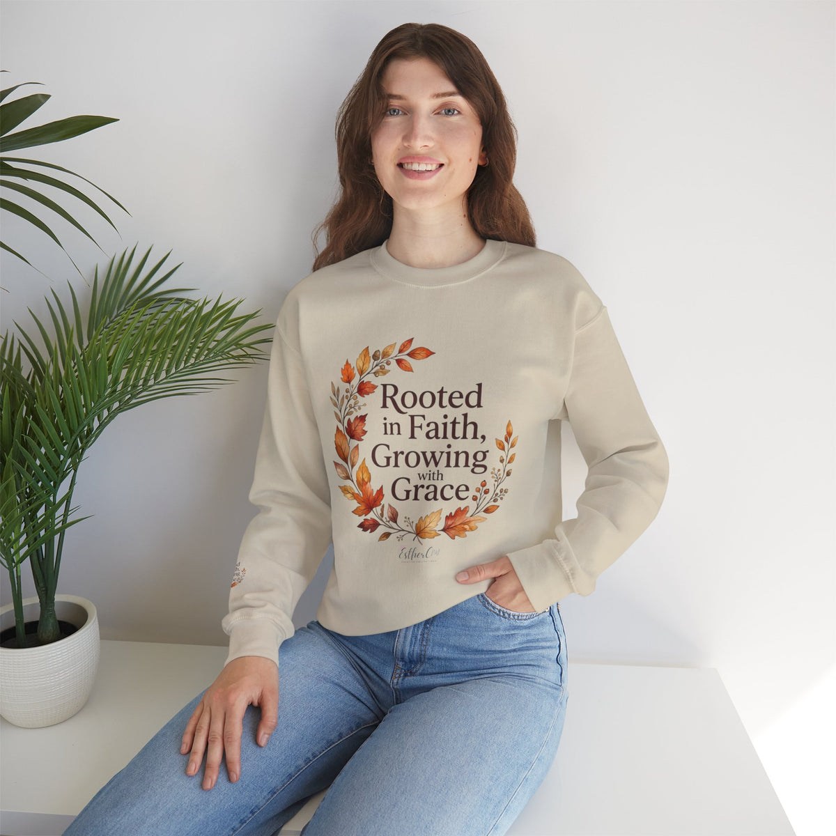Faith-Inspired Crewneck Sweatshirt — "Rooted in Faith, Growing with Grace" Autumn Wreath