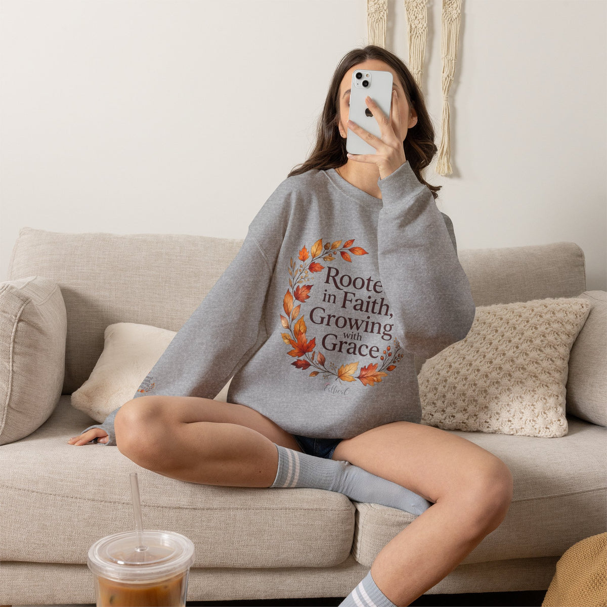 Faith-Inspired Crewneck Sweatshirt — "Rooted in Faith, Growing with Grace" Autumn Wreath