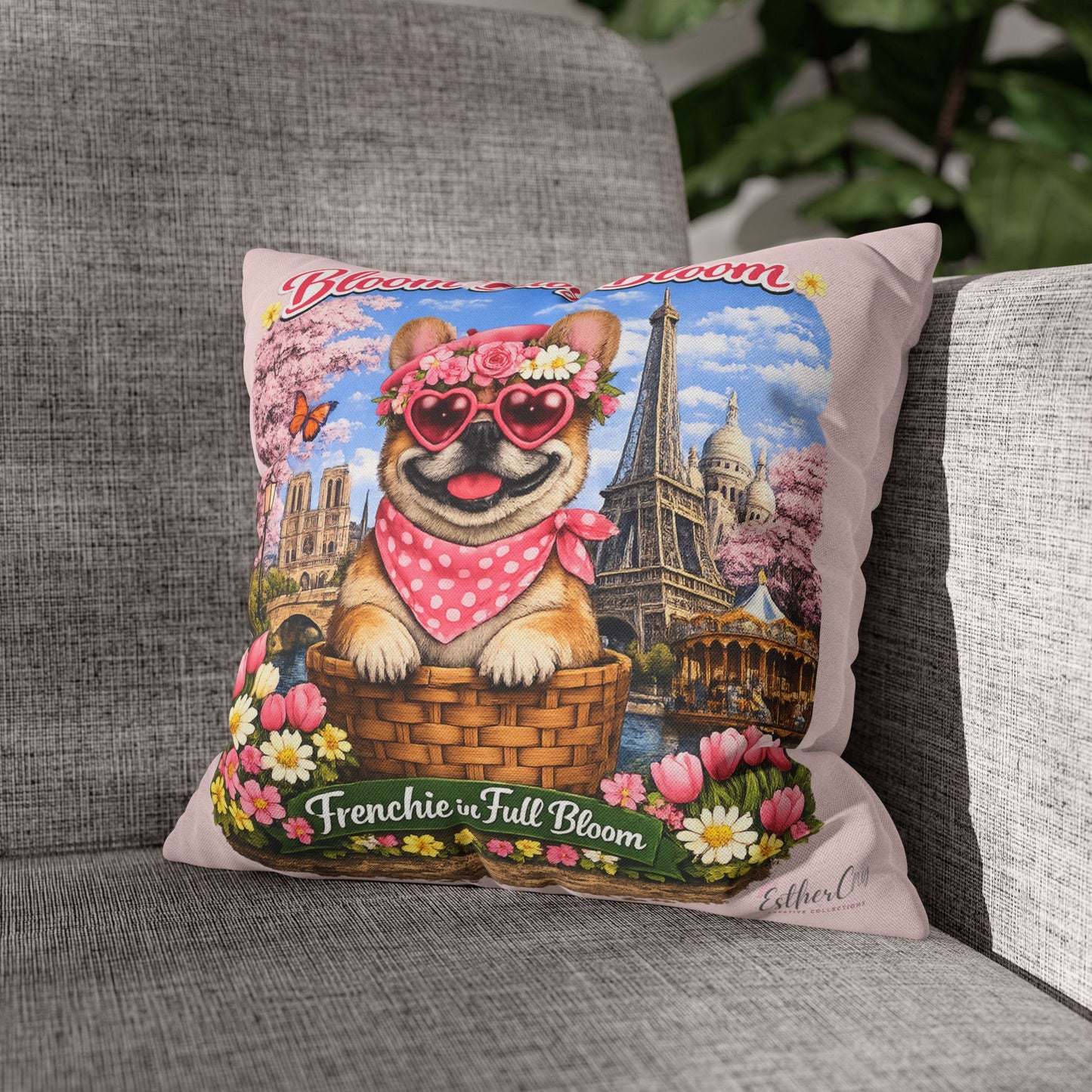 Frenchie in Full Bloom Square Pillow — "Bloom Baby Bloom" Floral Dog Decor