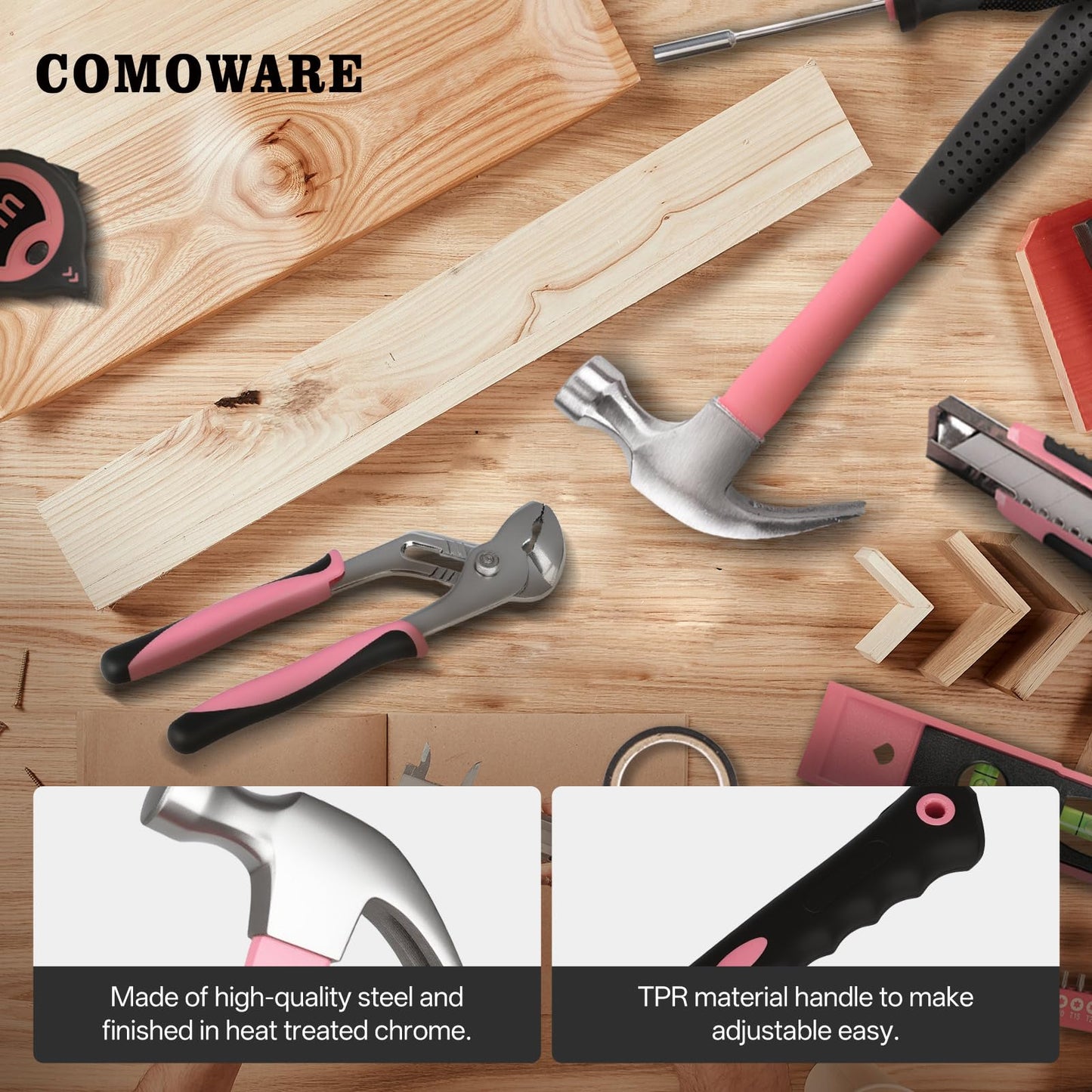 COMOWARE 218 Pcs Pink Home Tool Kit, Basic Household Hand Tool Set with Bag, Ladies Hand Tool Kit Women Home Repairing Tool Kit for Home Maintenance Daily Use Homework DIY
