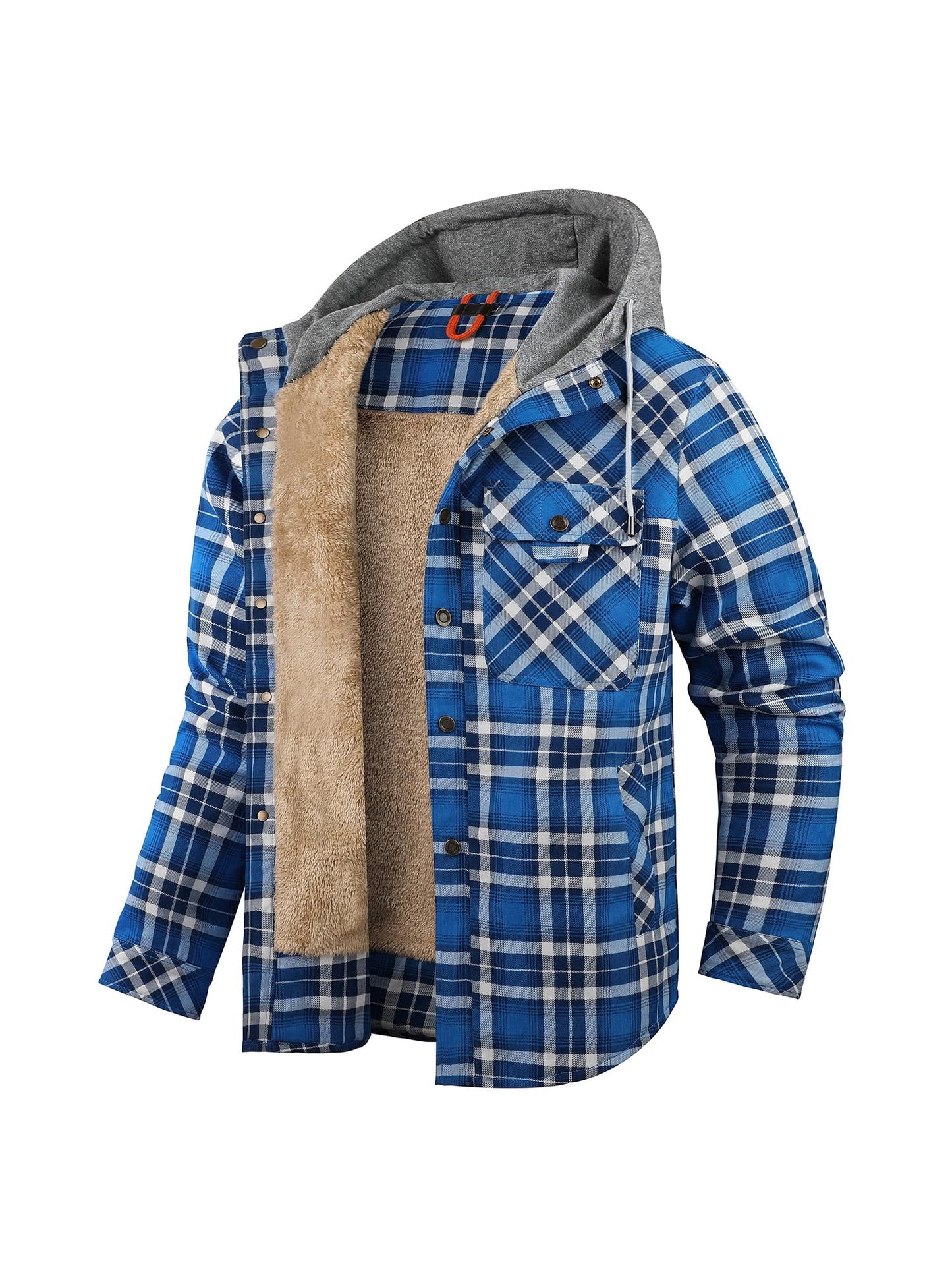 Eisctnd Fleece Sherpa Lined Plaid Flannel Hooded Fleece Lined Men Jacket Casual Button Down Shirt(HoodedBlue-L)