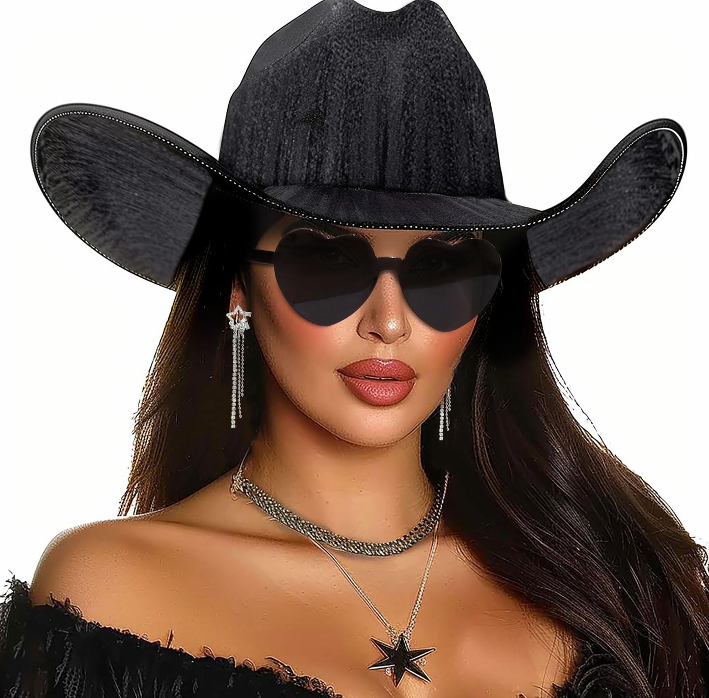JeVenis Juego de 4 sombreros de vaquera espacial negros, sombrero de vaquero para mujer, sombrero de vaquera occidental, bandana, gafas de sol, pendientes, despedida de soltera, cumpleaños