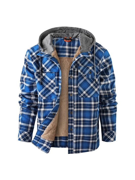 Eisctnd Fleece Sherpa Lined Plaid Flannel Hooded Fleece Lined Men Jacket Casual Button Down Shirt(HoodedBlue-L)