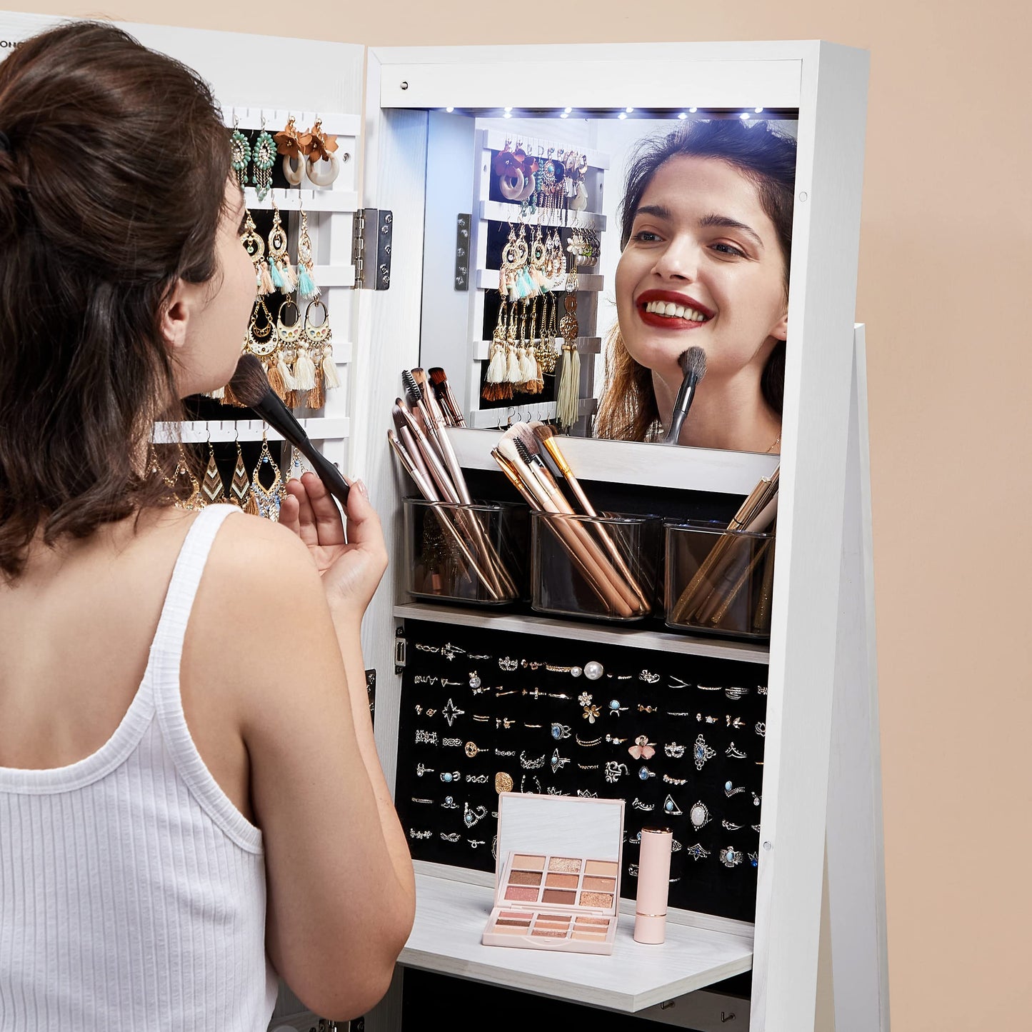 SONGMICS 6 LEDs Lockable Mirror Jewelry Cabinet, 360° Swivel Jewelry Organizer, Standing Jewelry Armoire, Frameless Full-Length Mirror, 3 Storage Shelves, White Surface, Black Lining UJJC007W01