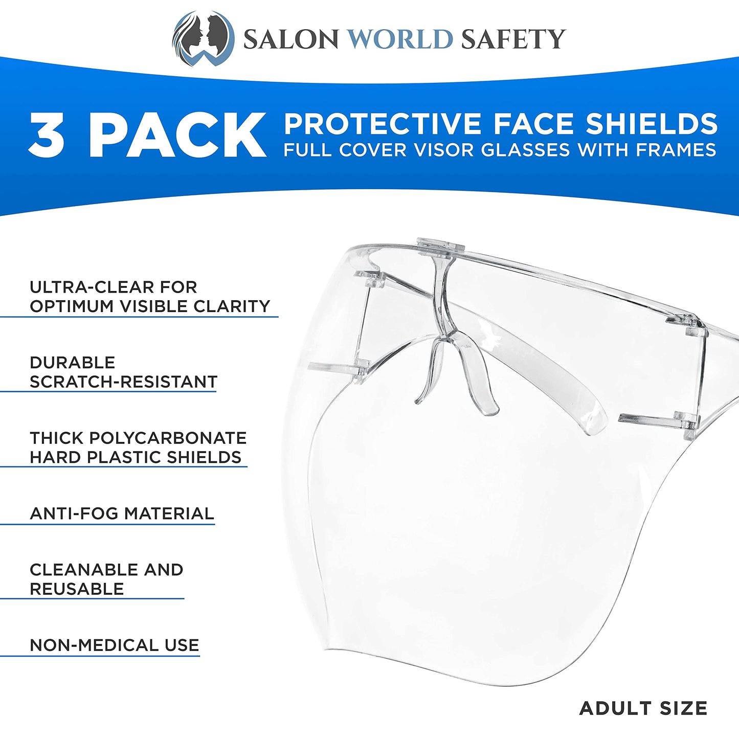 Salon World Safety (Pack of 3 Protective Face Shield Full Cover Visor Glasses with Frames - Ultra Clear Reusable Plastic Goggles, Anti-Fog - Eye Nose Mouth Personal Protection, Sanitary Droplet Guard