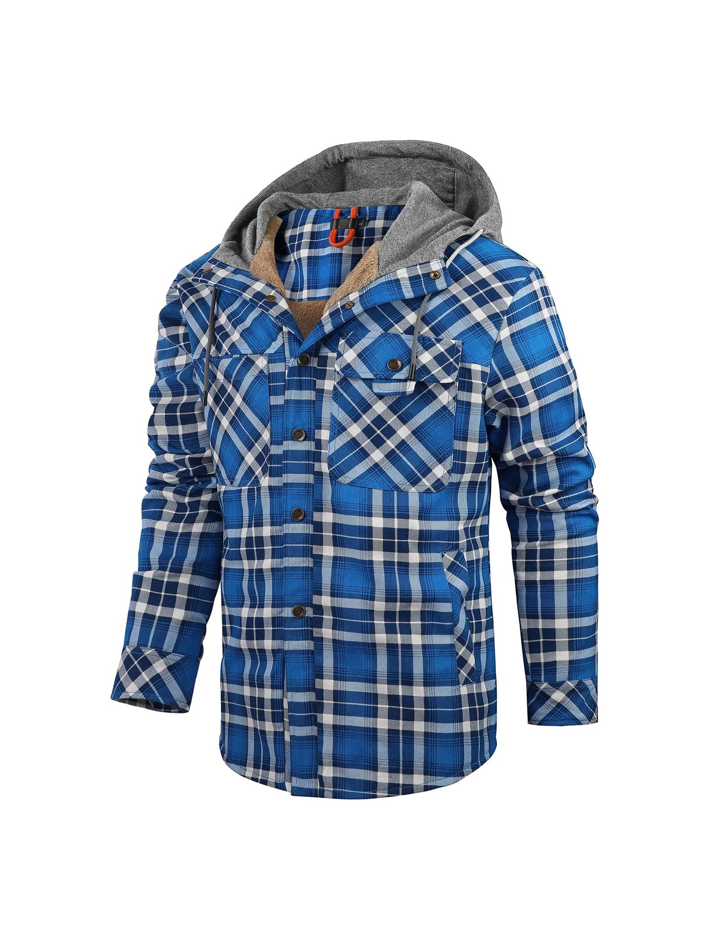 Eisctnd Fleece Sherpa Lined Plaid Flannel Hooded Fleece Lined Men Jacket Casual Button Down Shirt(HoodedBlue-L)