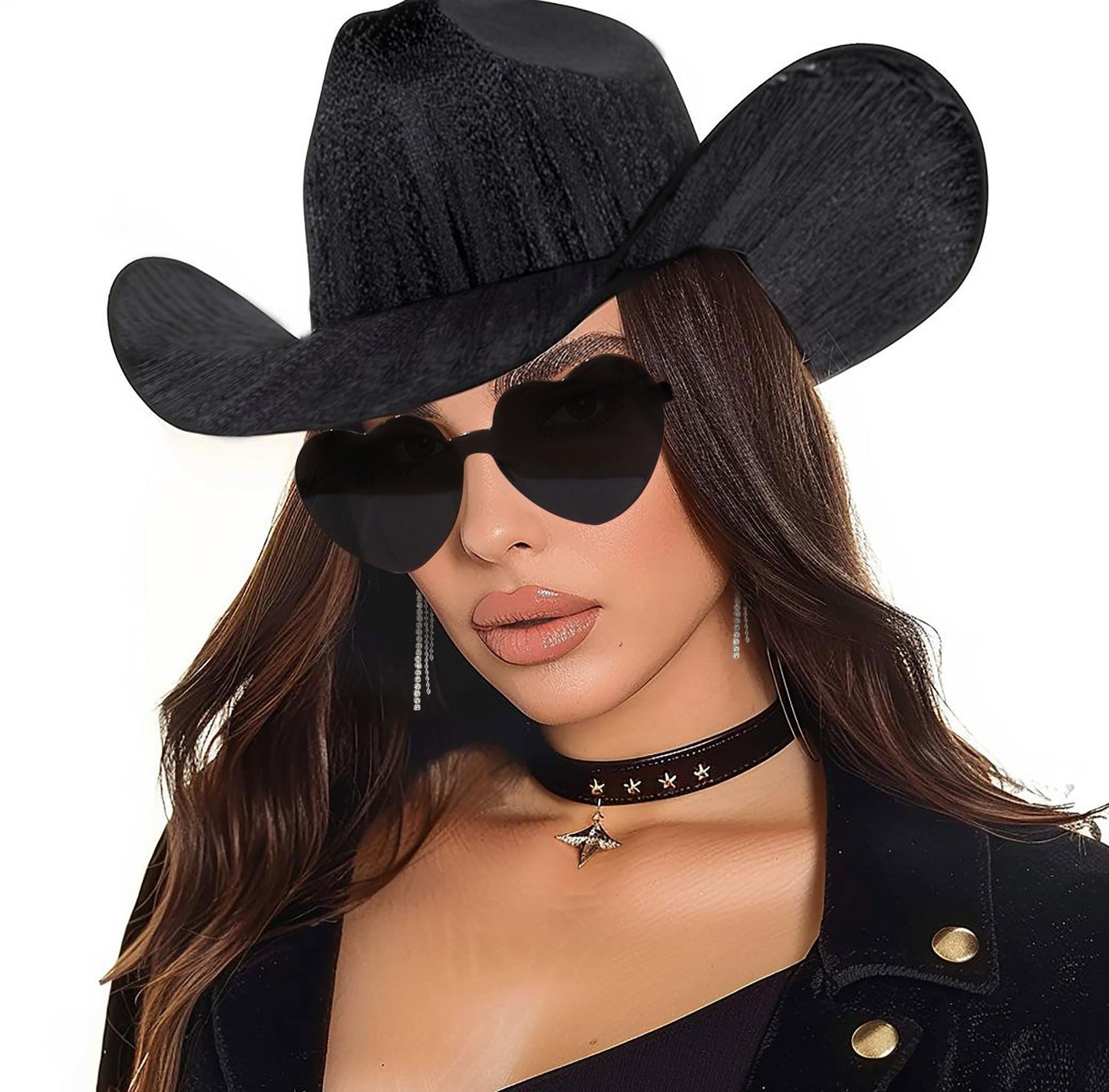 JeVenis Juego de 4 sombreros de vaquera espacial negros, sombrero de vaquero para mujer, sombrero de vaquera occidental, bandana, gafas de sol, pendientes, despedida de soltera, cumpleaños