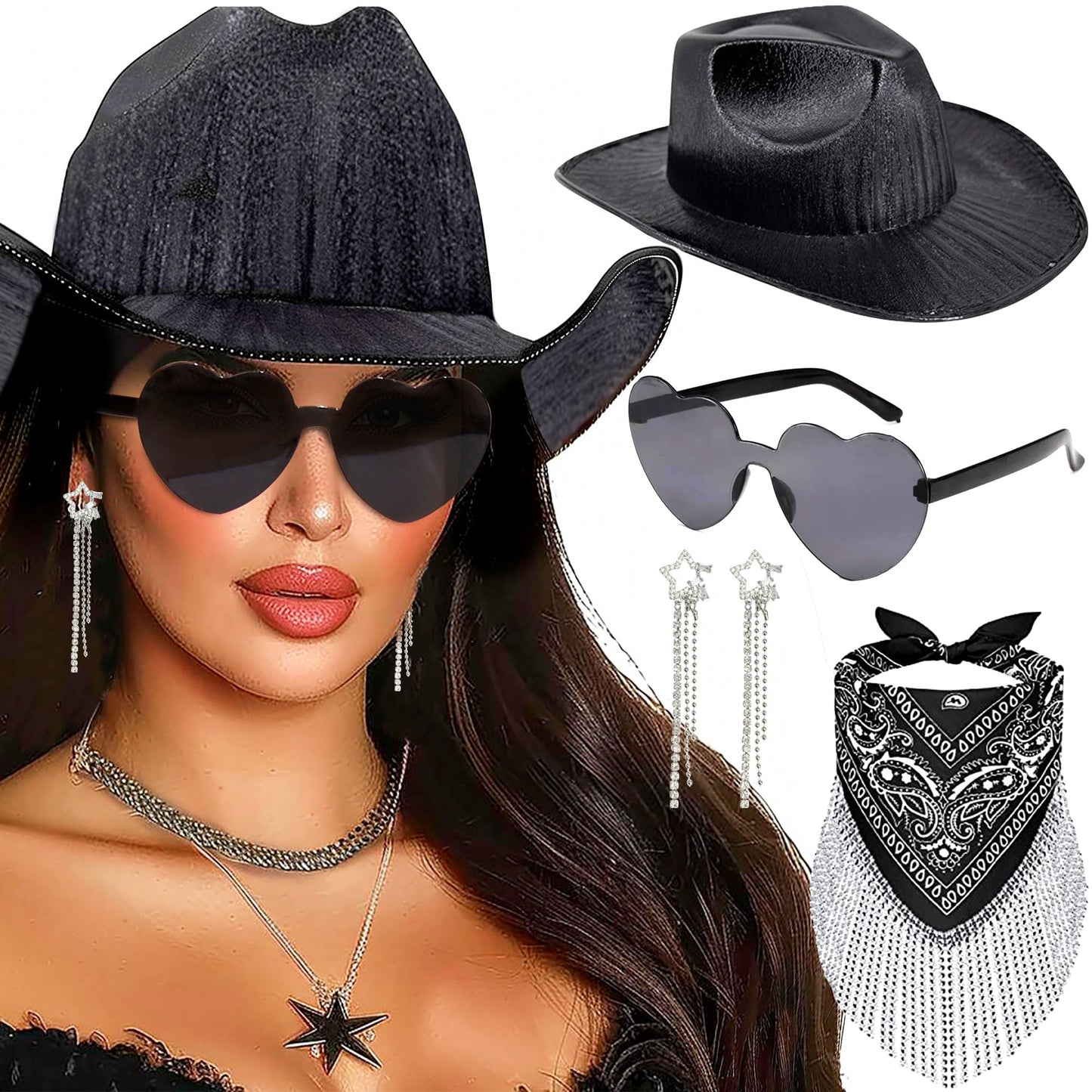 JeVenis Set of 4 Black Space Cowgirl Hat Cowboy Hat Women Western Cowgirl Hat Bandana Sunglasses Earrings Bachelorette Birthday