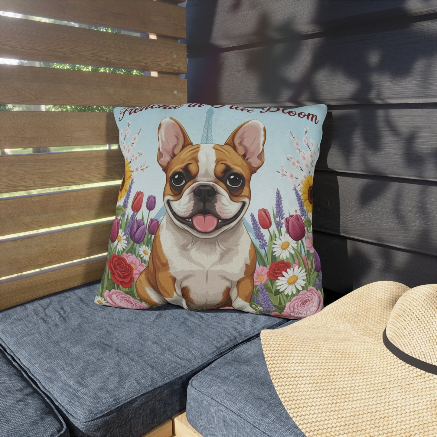 Outdoor Pillow – "Frenchie in Full Bloom" Floral French Bulldog Garden Accent