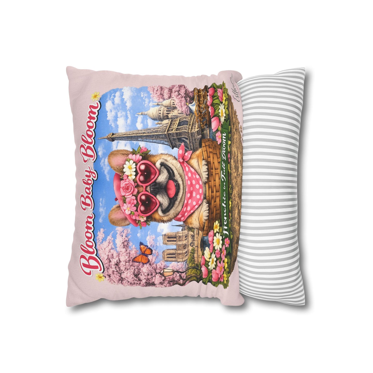 Frenchie in Full Bloom Square Pillow — "Bloom Baby Bloom" Floral Dog Decor
