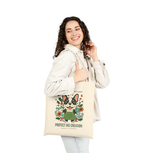 Protect His Creation — Christian Earth Day Canvas Tote Bag | Genesis 1:1 | Frenchie Eco Hero