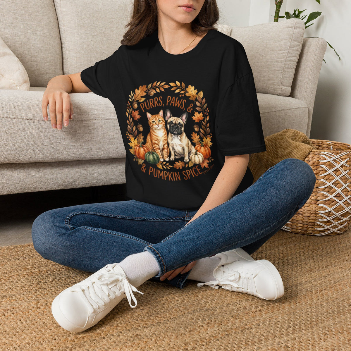 Purrs, Paws & Pumpkin Spice T-Shirt — Fall Cat & Dog Autumn Tee