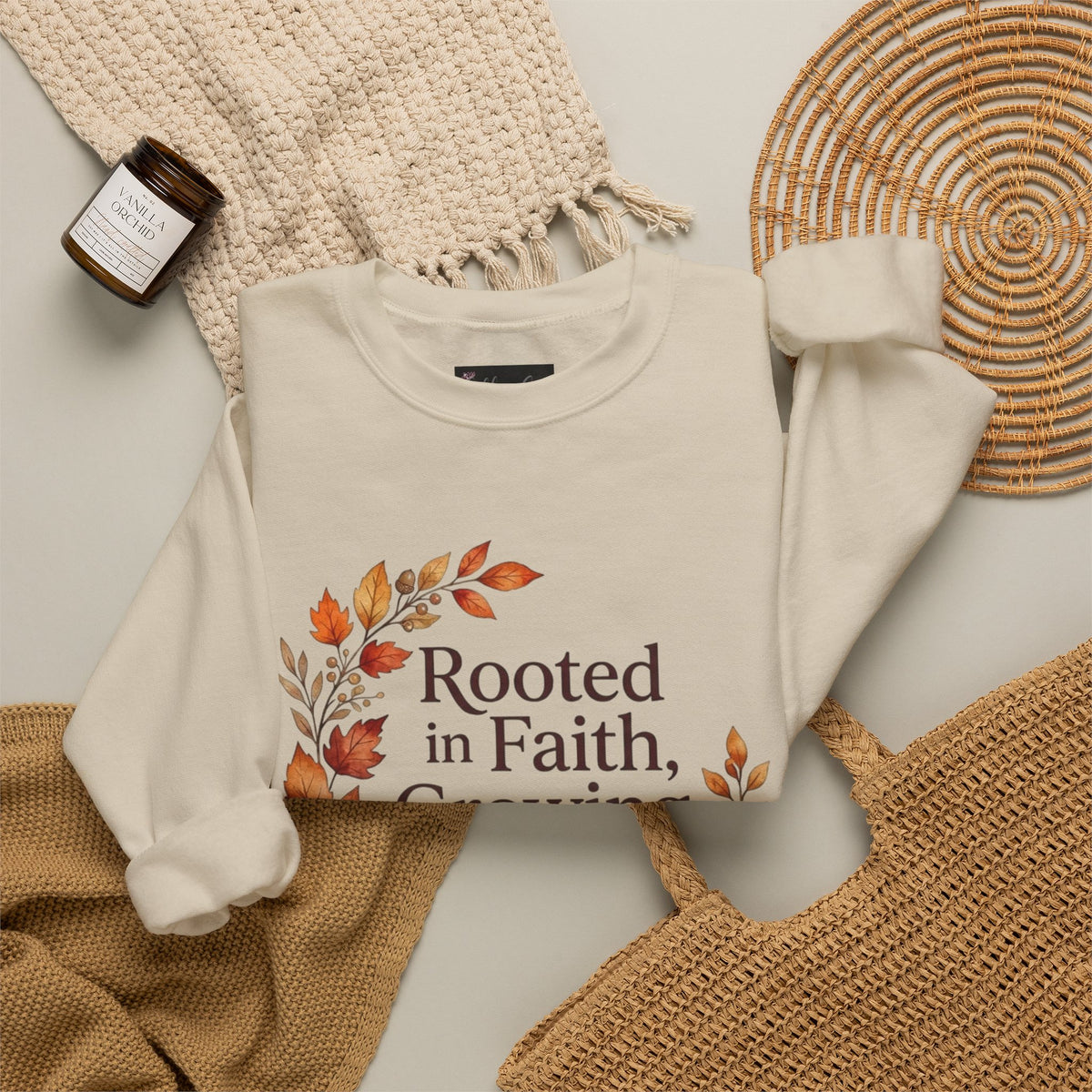 Faith-Inspired Crewneck Sweatshirt — "Rooted in Faith, Growing with Grace" Autumn Wreath