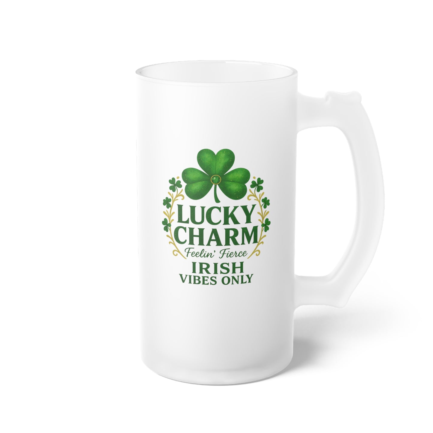 Lucky Charm Shamrock Crest Frosted Glass Beer Mug — St. Patrick’s Day