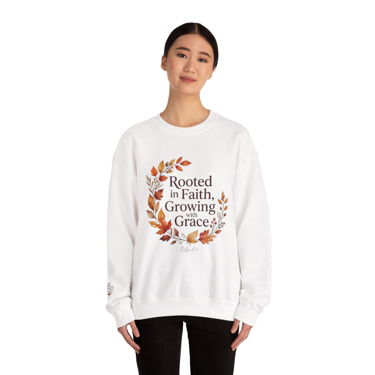 Faith-Inspired Crewneck Sweatshirt — "Rooted in Faith, Growing with Grace" Autumn Wreath