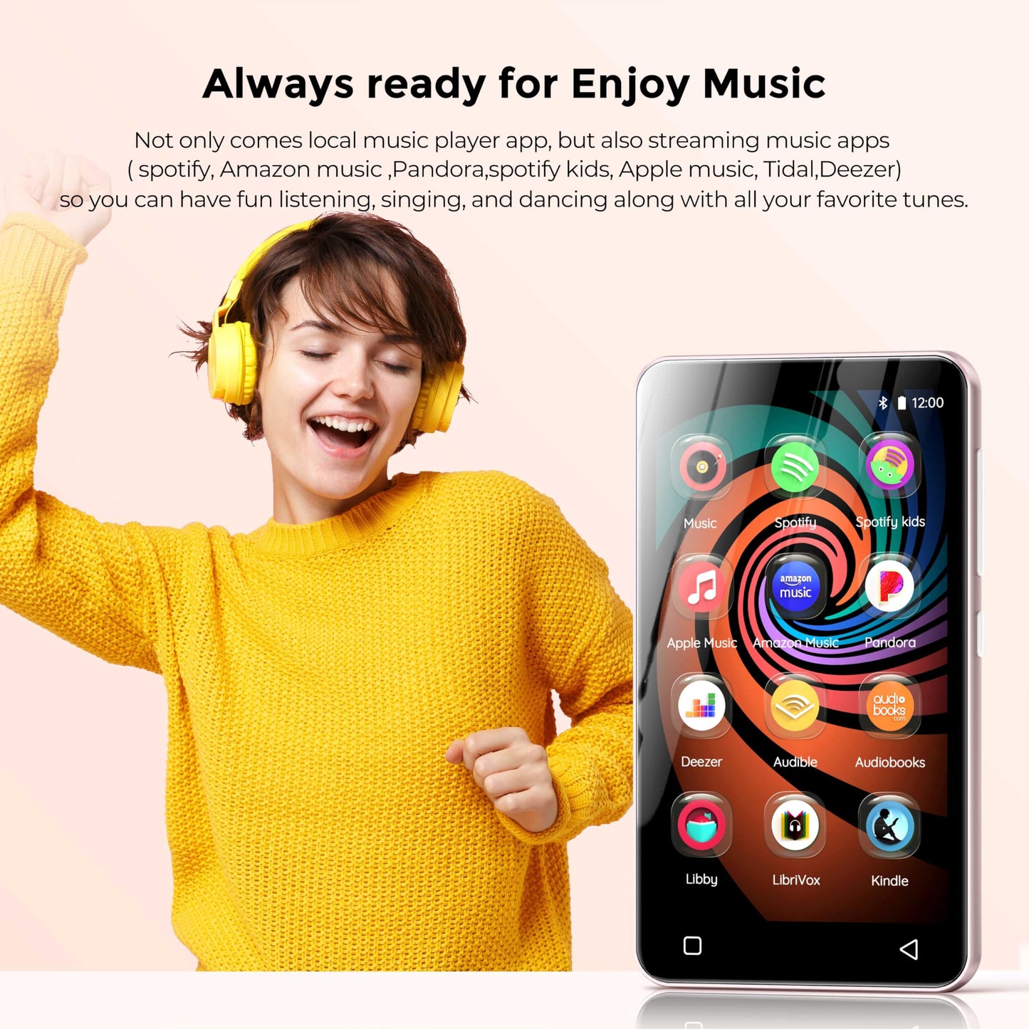 160GB MP3 Player with Bluetooth and WiFi, innioasis Music Player with Spotify,4" Touch Screen Android MP4 MP3 Player for Kids with Libby,Audible,Spotify Kids(Pink)