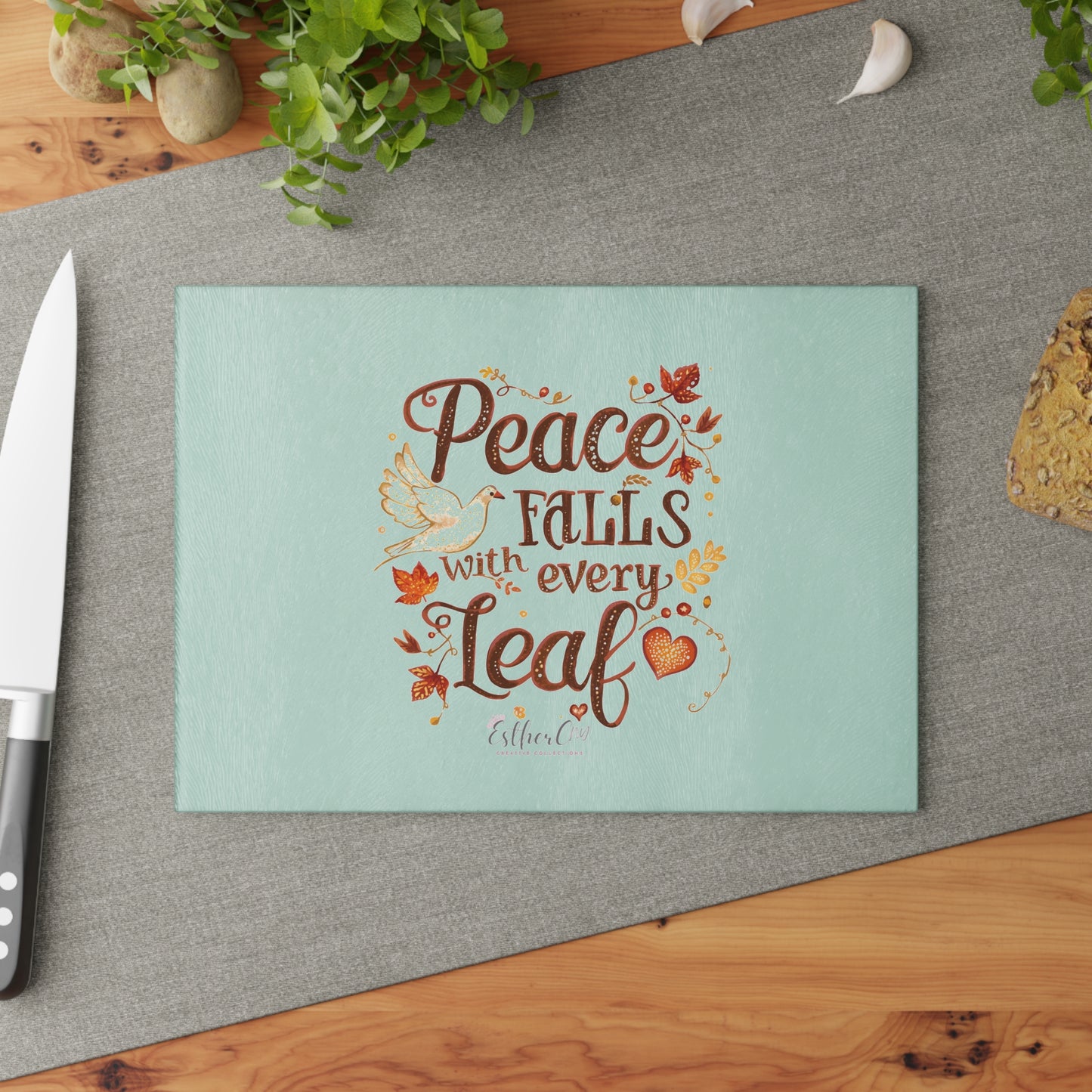 Glass Cutting Board - "Peace Falls With Every Leaf" Autumn Decorative Kitchen Board