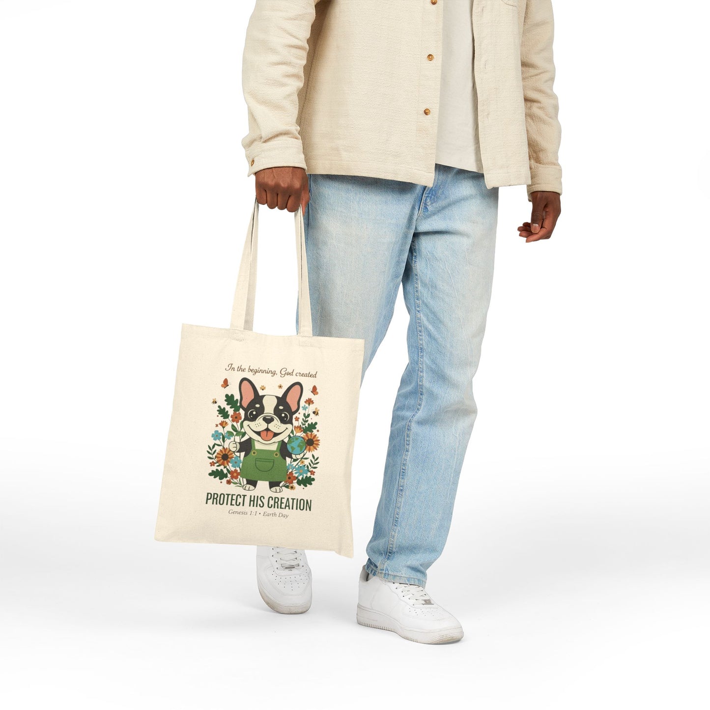Protect His Creation — Christian Earth Day Canvas Tote Bag | Genesis 1:1 | Frenchie Eco Hero