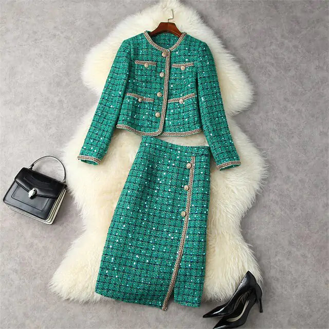 Conjunto de vestido de tweed de invierno de pasarela