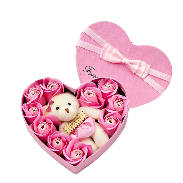 Caja de regalo con forma de flor de jabón, 10 pétalos de rosa perfumados para el Día de San Valentín con oso, regalo de boda, cumpleaños y Navidad para novia, 10