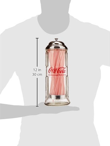 Tablecraft Coca-Cola Dispensador de pajita de vidrio con tapa de metal, pequeño