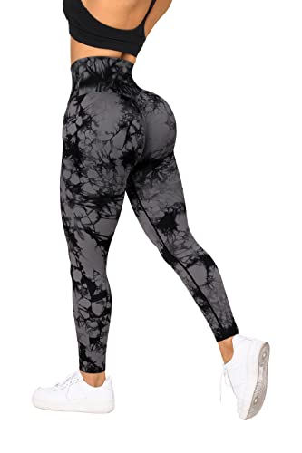 RXRXCOCO Women Seamless Crossover Leggings High Waisted Butt Lifting Workout Yoga Pants Medium Tie Dye Black