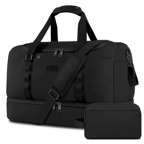 ETRONIK Bolsa de viaje para hombres y mujeres, bolsa de lona y bolsa de gimnasio con compartimento para zapatos, bolsa de fin de semana con bolsa de aseo, bolsas de transporte para avión para viajes, gimnasio, yoga, negro