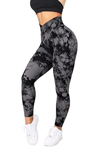 RXRXCOCO Women Seamless Crossover Leggings High Waisted Butt Lifting Workout Yoga Pants Medium Tie Dye Black