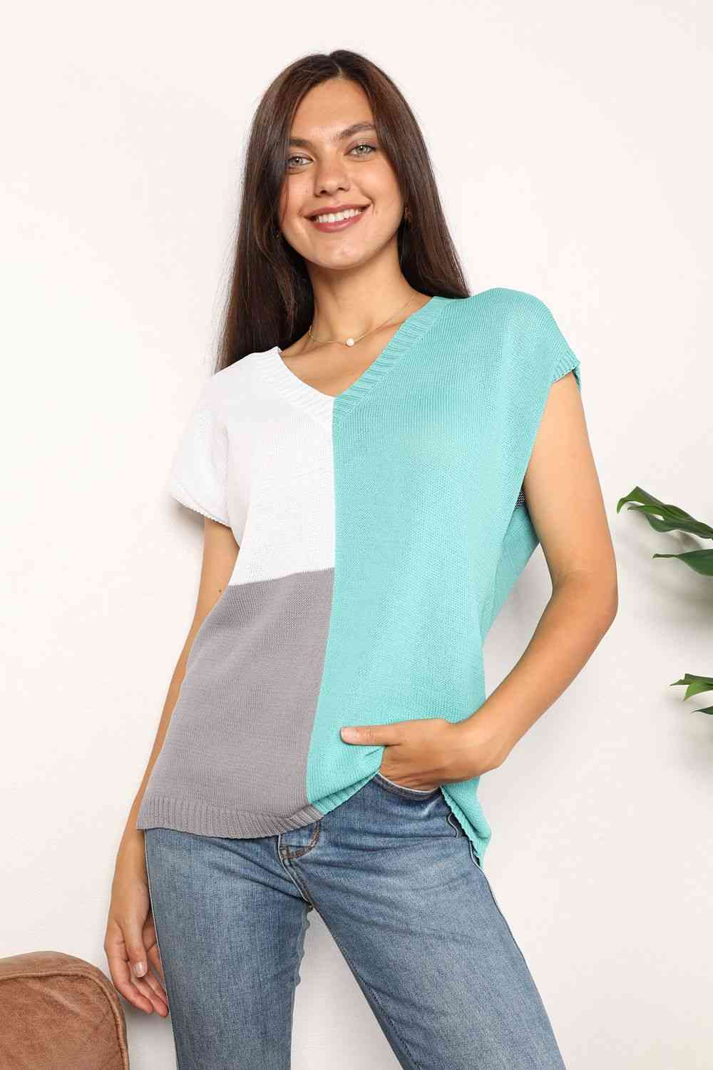 Top de punto con cuello en V y bloques de color de doble toma