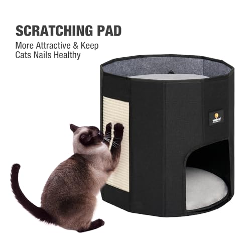 Veehoo Cat House Cat Beds for Indoor Cats – Large Cat Hideaway Bed with Removable Cushion & Scratching Pad, Modern Foldable Cat Condo Enclosed Cat Bed Caves for Multi Small Pet Kitty Kitten, Black