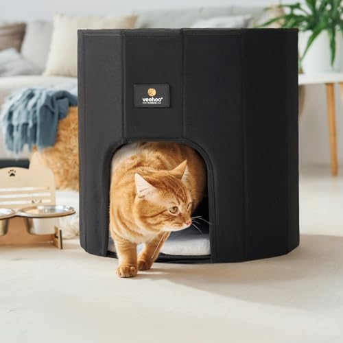 Veehoo Cat House Cat Beds for Indoor Cats – Large Cat Hideaway Bed with Removable Cushion & Scratching Pad, Modern Foldable Cat Condo Enclosed Cat Bed Caves for Multi Small Pet Kitty Kitten, Black