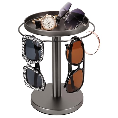 kondyfayo 360° Rotating Sunglass Organizer Storage, Stainless Steel Glasses Holder Stand, Glasses Organizer with Tray for Desk, Dresser, Tabletop, Nightstand and Home Decor(Titanium Black)