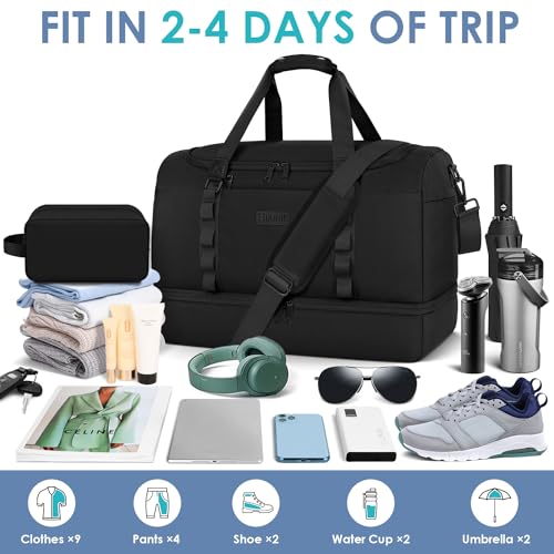 ETRONIK Bolsa de viaje para hombres y mujeres, bolsa de lona y bolsa de gimnasio con compartimento para zapatos, bolsa de fin de semana con bolsa de aseo, bolsas de transporte para avión para viajes, gimnasio, yoga, negro