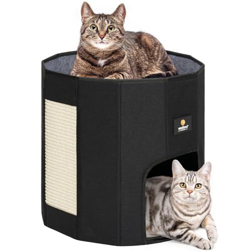 Veehoo Cat House Cat Beds for Indoor Cats – Large Cat Hideaway Bed with Removable Cushion & Scratching Pad, Modern Foldable Cat Condo Enclosed Cat Bed Caves for Multi Small Pet Kitty Kitten, Black