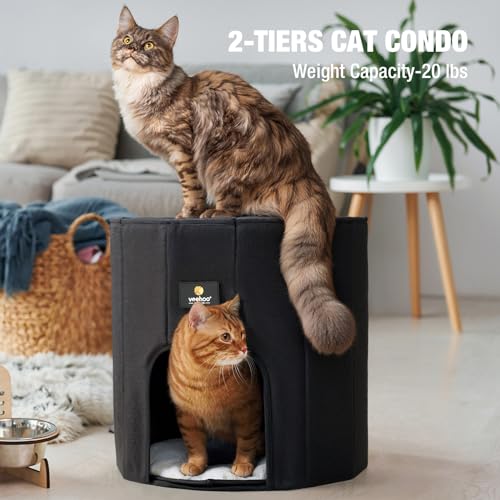 Veehoo Camas para gatos para gatos de interior – Cama grande escondida para gatos con cojín extraíble y almohadilla para rascar, moderna y plegable condominio para gatos cerrada, cuevas para gatos pequeños y múltiples, color negro