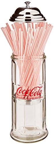 Tablecraft Coca-Cola Dispensador de pajita de vidrio con tapa de metal, pequeño