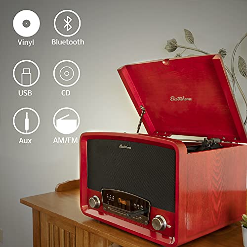 Electrohome Kingston 7-in-1 Vintage Vinyl Record Player Stereo System with 3-Speed Turntable, Bluetooth, AM/FM Radio, CD, Aux in, RCA/Headphone Out, Vinyl/CD to MP3 Recording & USB Playback (RR75C)
