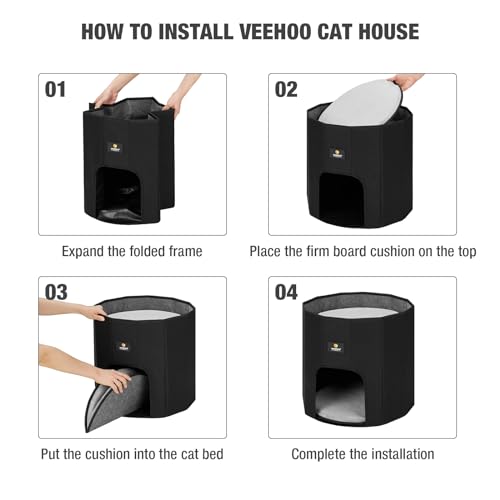 Veehoo Cat House Cat Beds for Indoor Cats – Large Cat Hideaway Bed with Removable Cushion & Scratching Pad, Modern Foldable Cat Condo Enclosed Cat Bed Caves for Multi Small Pet Kitty Kitten, Black