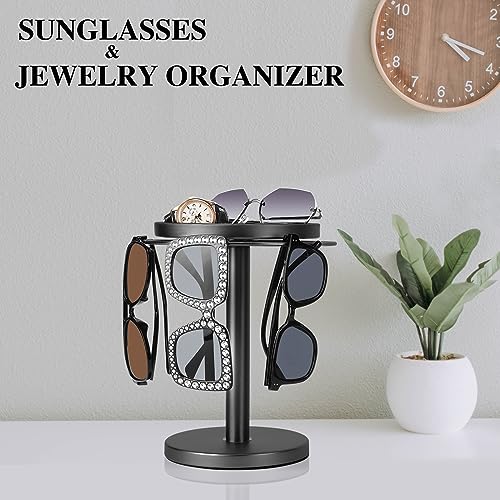 Kondyfayo Organizador de gafas de sol giratorio de 360°, soporte de acero inoxidable, organizador de gafas con bandeja para escritorio, aparador, mesa, mesita de noche y decoración del hogar (negro titanio)