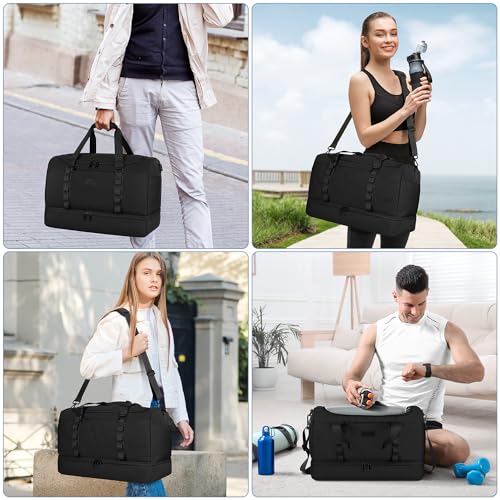 ETRONIK Bolsa de viaje para hombres y mujeres, bolsa de lona y bolsa de gimnasio con compartimento para zapatos, bolsa de fin de semana con bolsa de aseo, bolsas de transporte para avión para viajes, gimnasio, yoga, negro