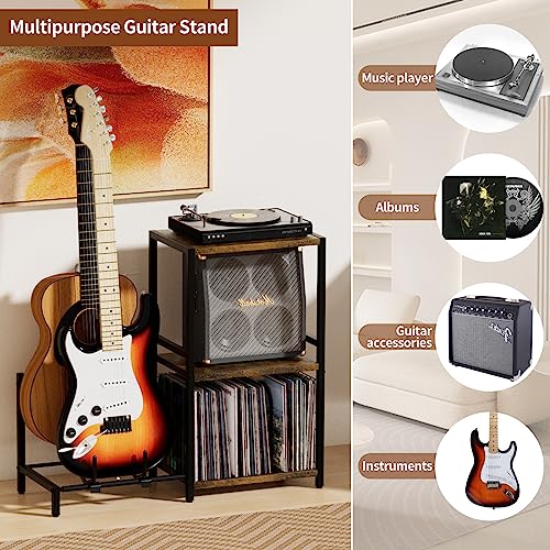 YAKANJ End Table with Guitar Stand,Record Player Stand,Vinyl Records Storage,2-Tier Guitar Stand for Acoustic, Electric Guitar,Bass,Turntable Stand Side Table for Music Room Studio Living Room-Brown