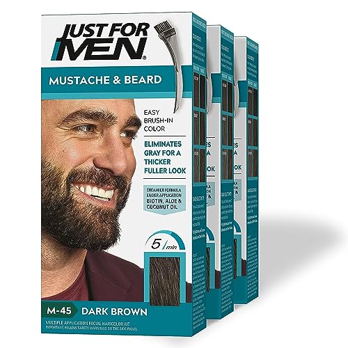 Just For Men Mustache & Beard, Beard Dye for Men with Brush Included for Easy Application, With Biotin Aloe and Coconut Oil for Healthy Facial Hair - Dark Brown, M-45, Pack of 3